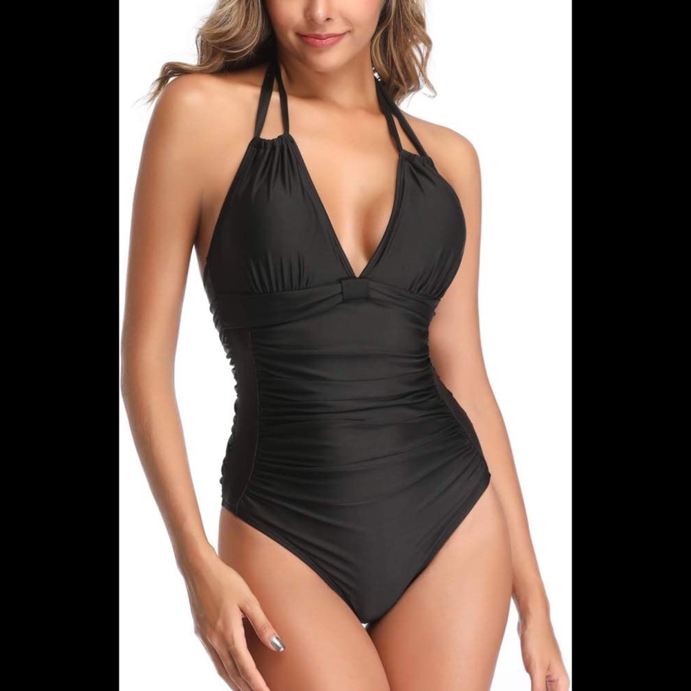 NWT Swismivo Black One Piece Halter Tummy Control Bathing Suit Size Medium